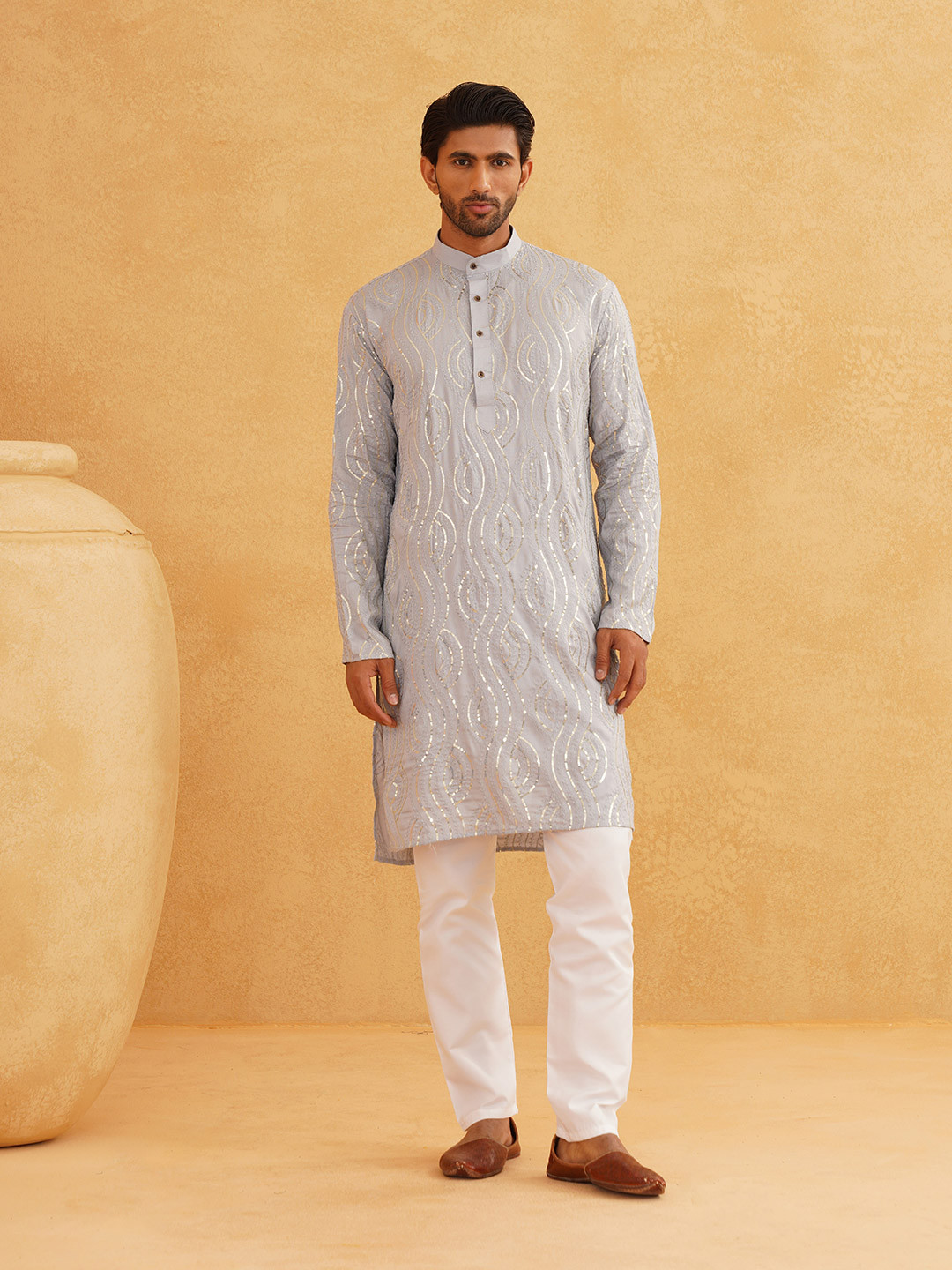 

SOJANYA Ethnic Motifs Embroidered Sequined Pure Cotton Kurta with Churidar, Grey