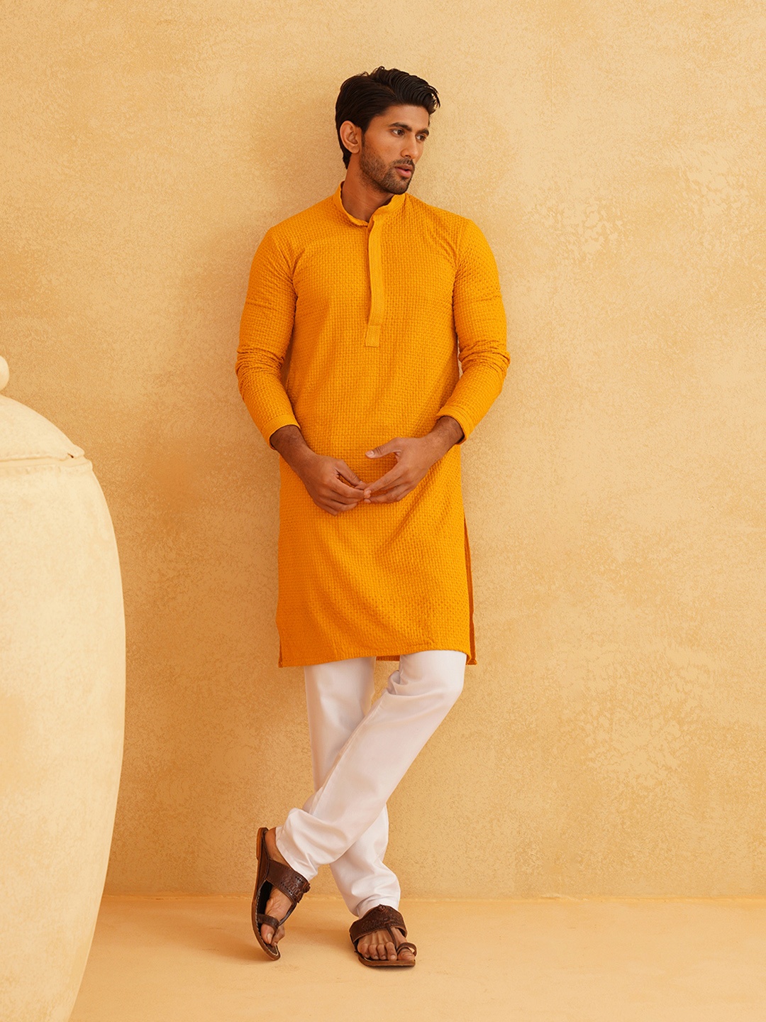 

SOJANYA Embroidered Pure Cotton Straight Kurta With Pyjamas, Mustard