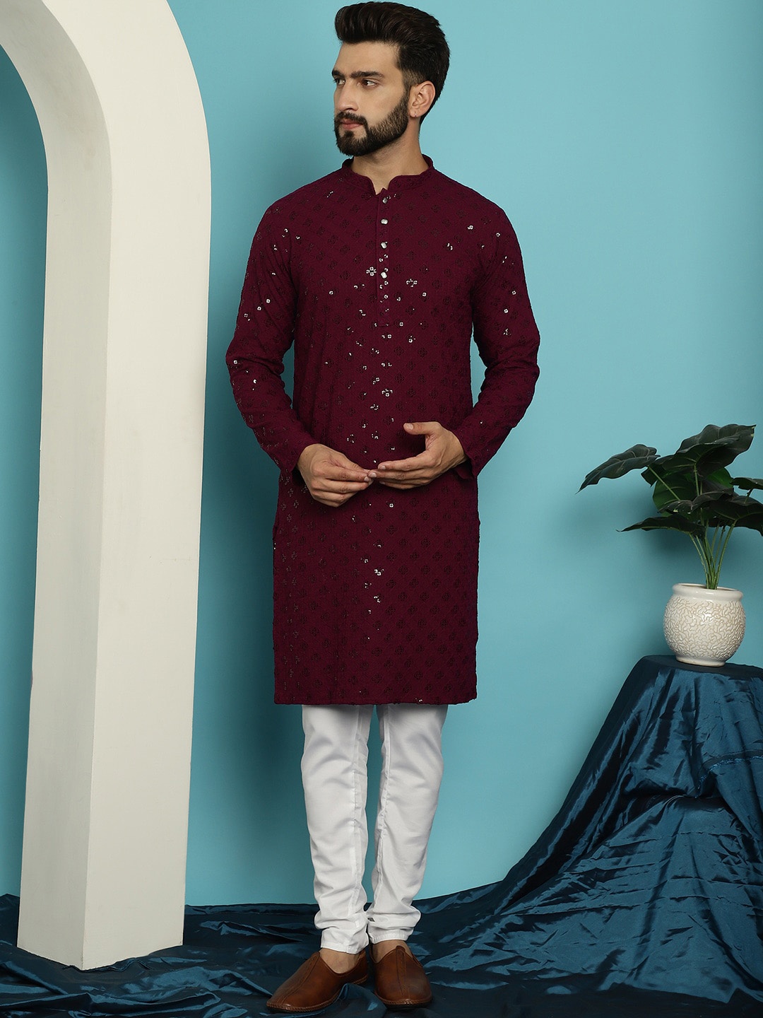 

SOJANYA Embroidered Pure Cotton Kurta with Churidar, Purple