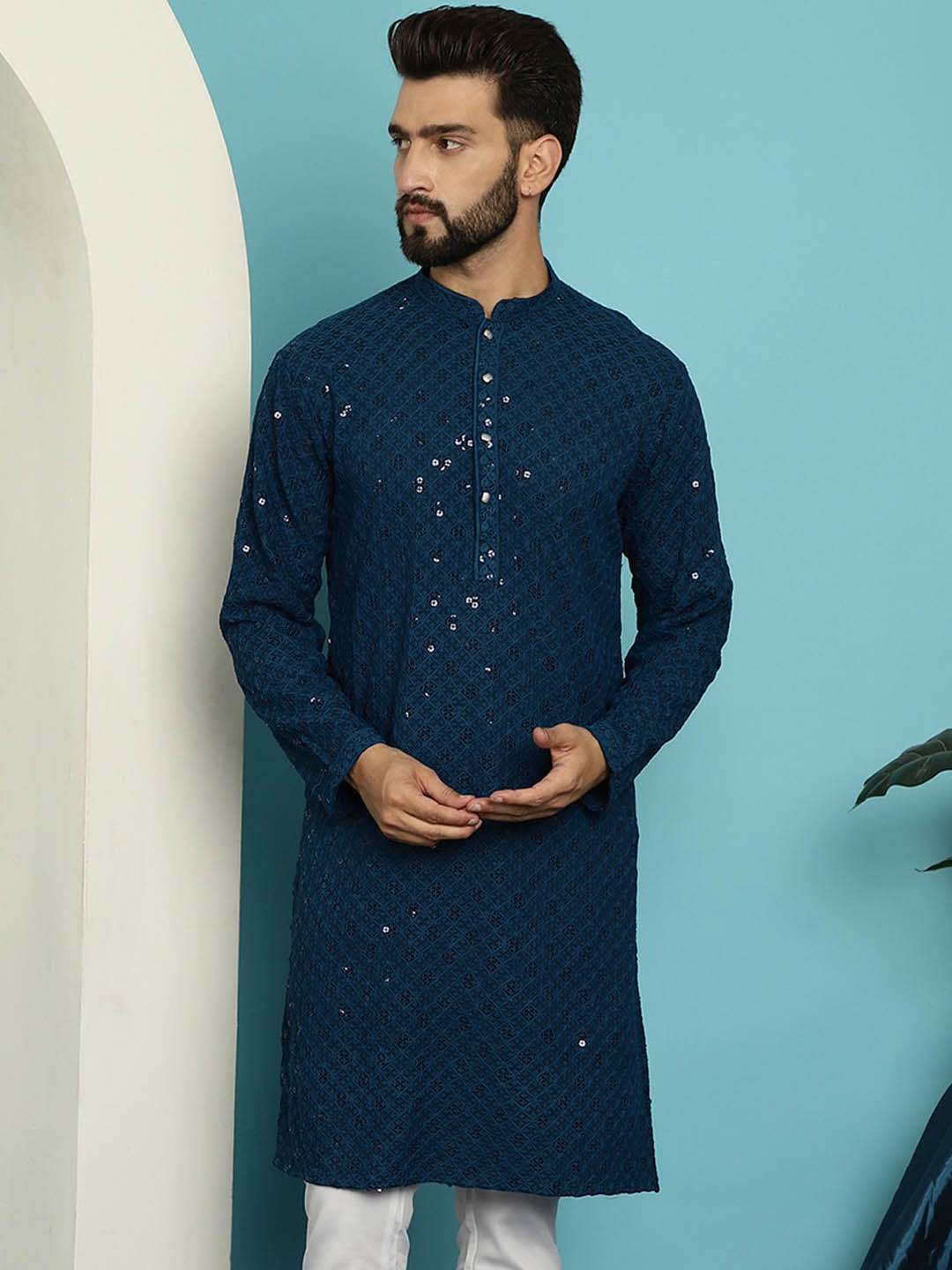 

SOJANYA Ethnic Motifs Embroiedred Cotton Straight Kurta, Teal