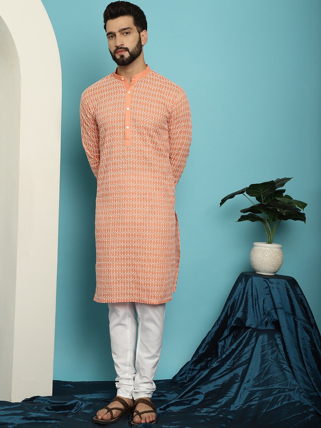 

SOJANYA Embroidered Sequinned Pure Cotton Kurta with Pyjama Set, Peach