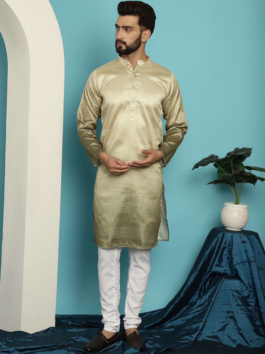 

SOJANYA Striped Regular Sequinned Kurta With Pyjamas, Olive