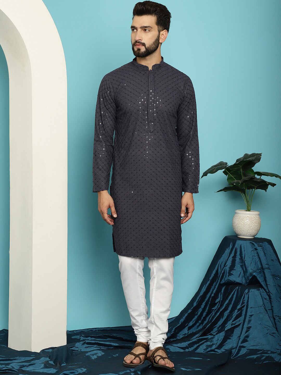 

SOJANYA Embroidered Sequinned Pure Cotton Kurta with Pyjama Set, Grey
