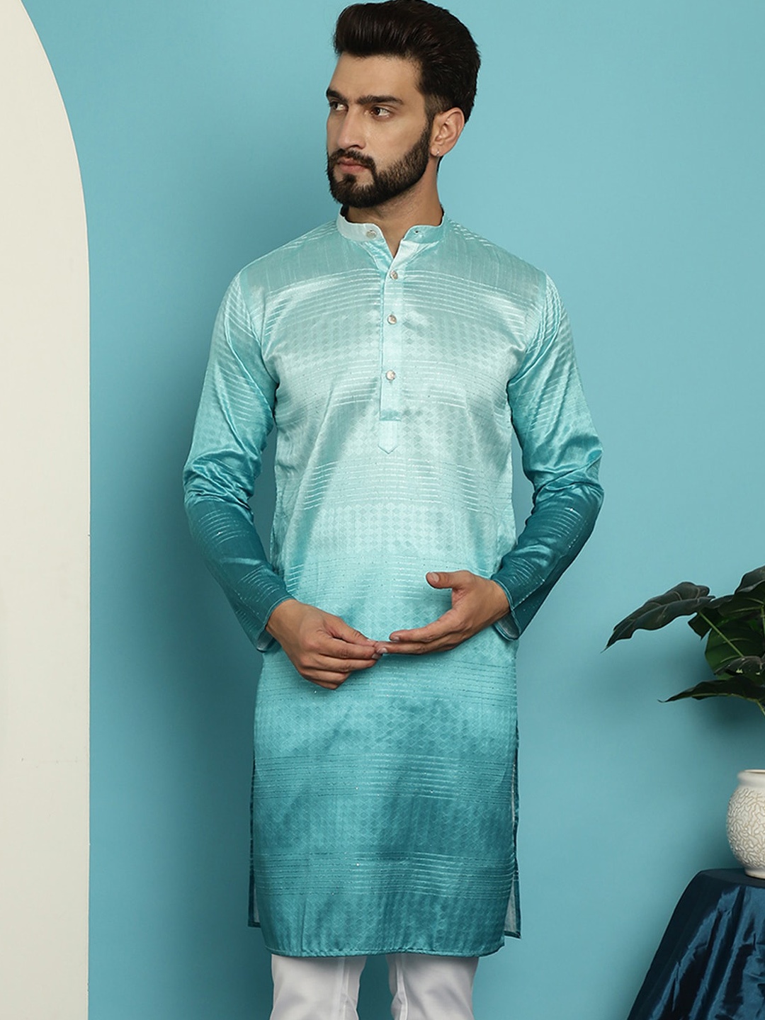 

SOJANYA Mandarin Collar Thread Work Silk Cotton Jacquard Regular Kurta, Sea green