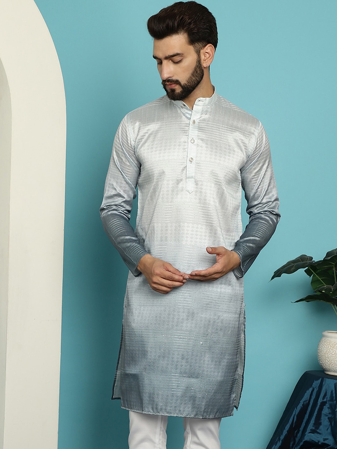 

SOJANYA Mandarin Collar Ombre Silk Cotton Kurta, Grey