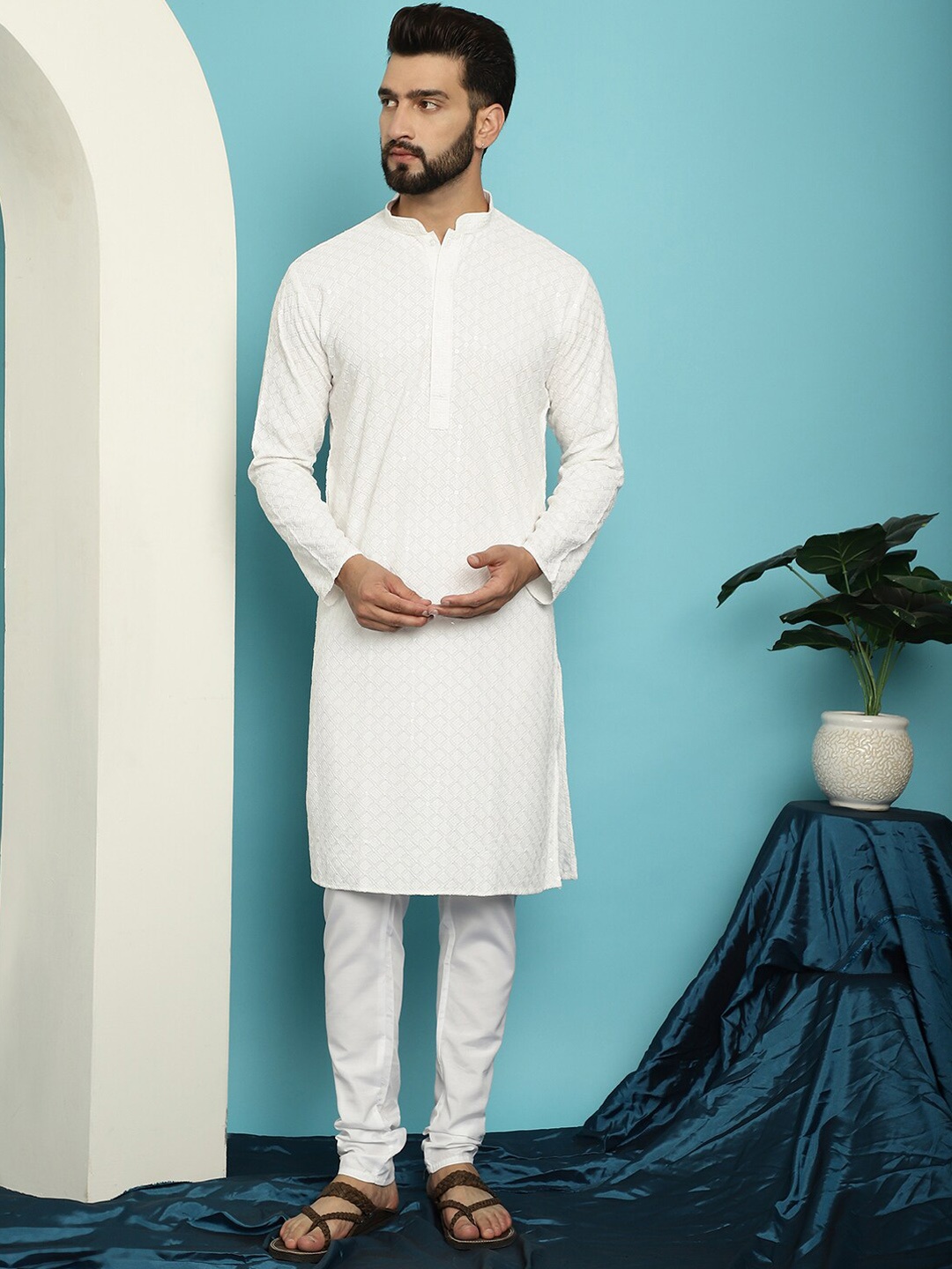 

SOJANYA Embroidered Sequinned Pure Cotton Kurta with Pyjama Set, White