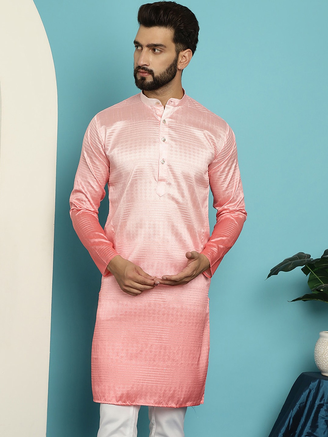 

SOJANYA Mandarin Collar Ombre Silk Cotton Jacquard Kurta, Pink