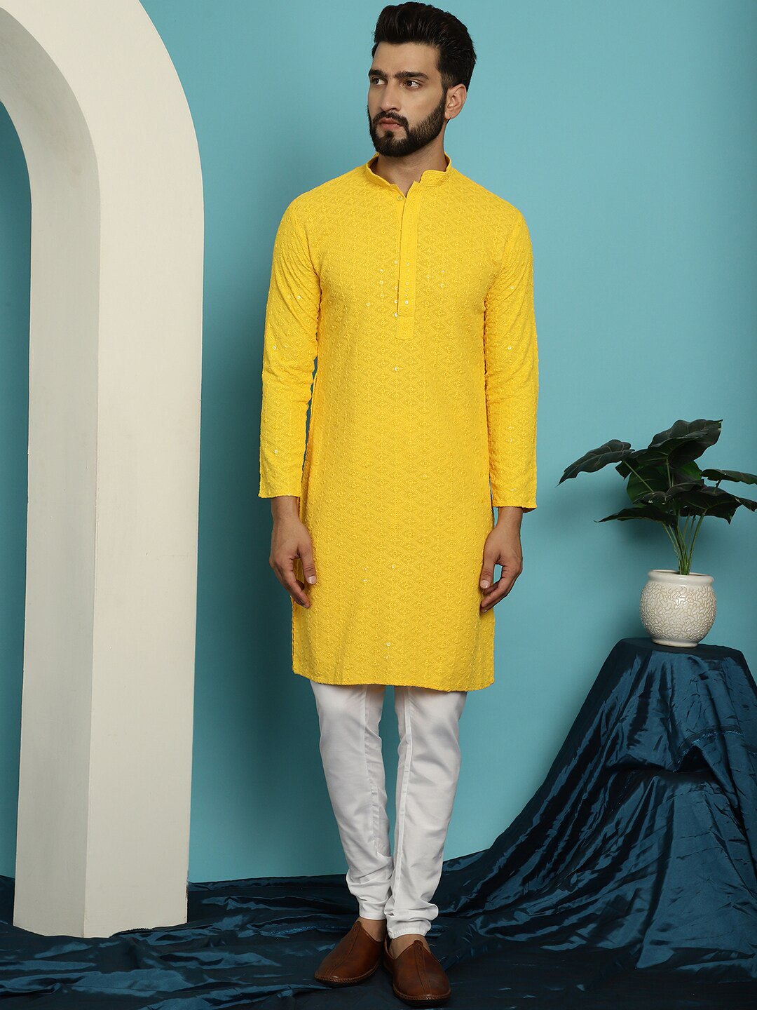 

SOJANYA Embroidered Regular Sequinned Pure Cotton Kurta With Churidar, Yellow