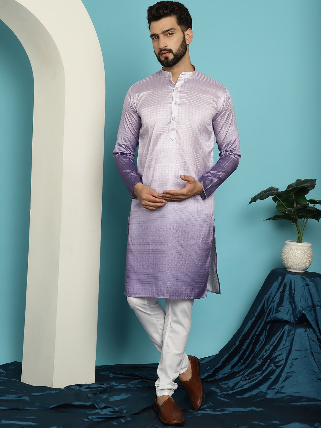 

SOJANYA Ombre Striped Straight Kurta with Churidar, Purple