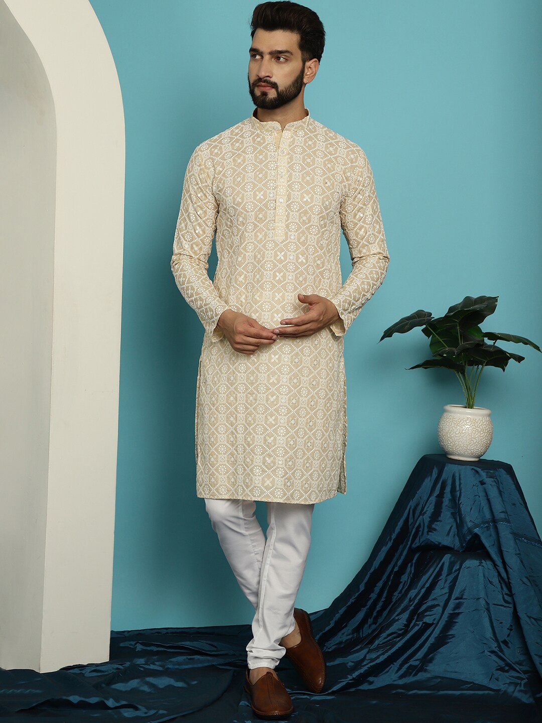 

SOJANYA Ethnic Motifs Embroidered Pure Cotton Kurta with Churidar, Beige