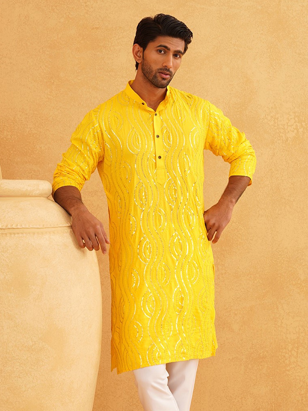 

SOJANYA Embellished Mandarin Collar Pure Cotton Straight Kurta, Mustard