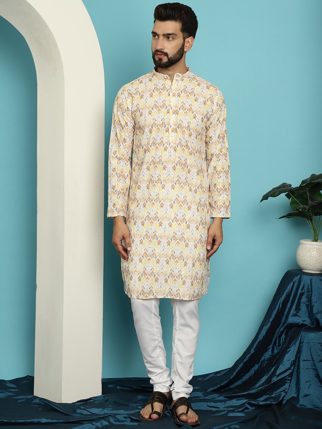 

SOJANYA Chevron Embroidered Pure Cotton Kurta with Churidar, Yellow