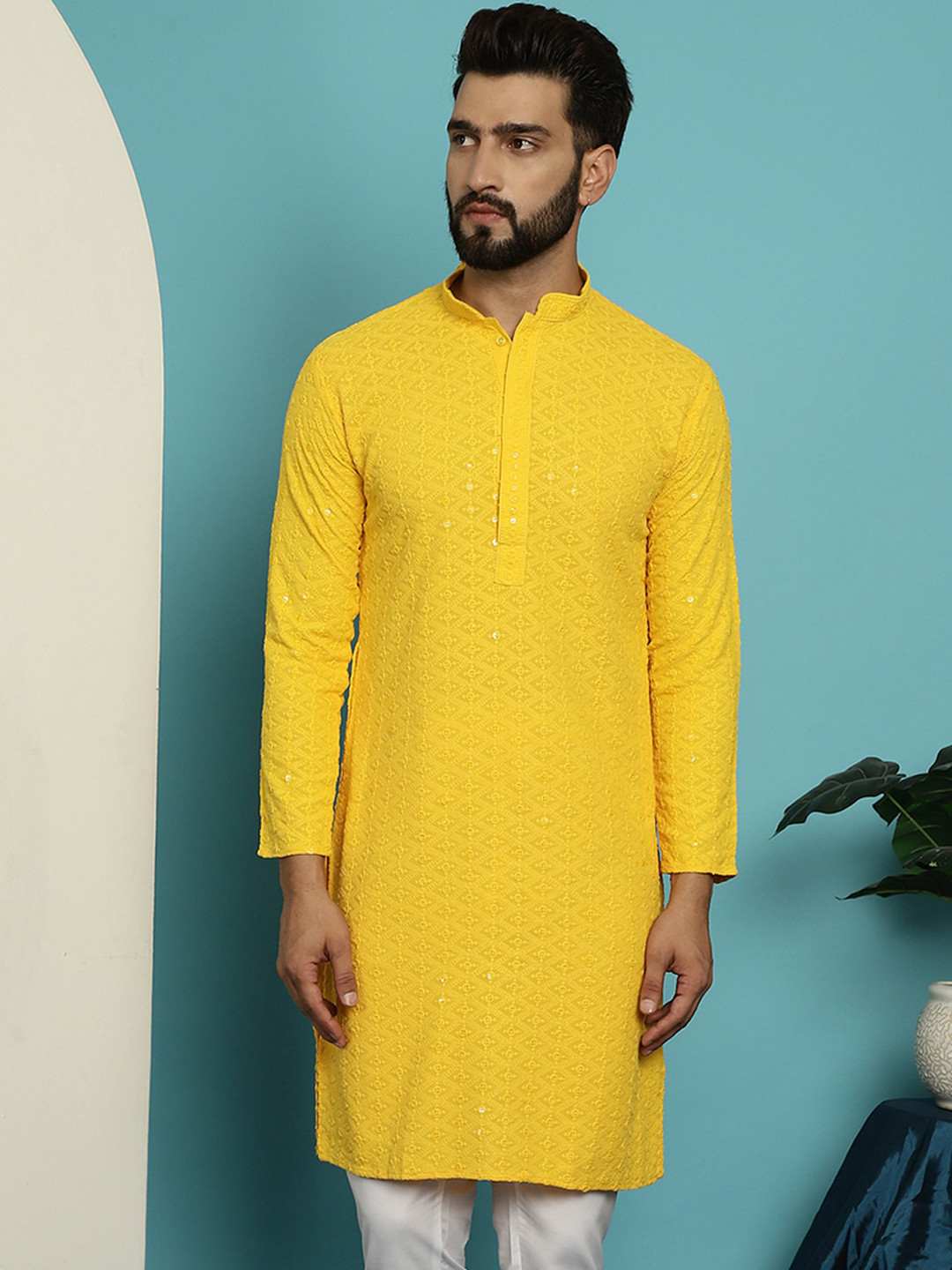 

SOJANYA Embellished Sequinned Pure Cotton Straight Kurta, Mustard
