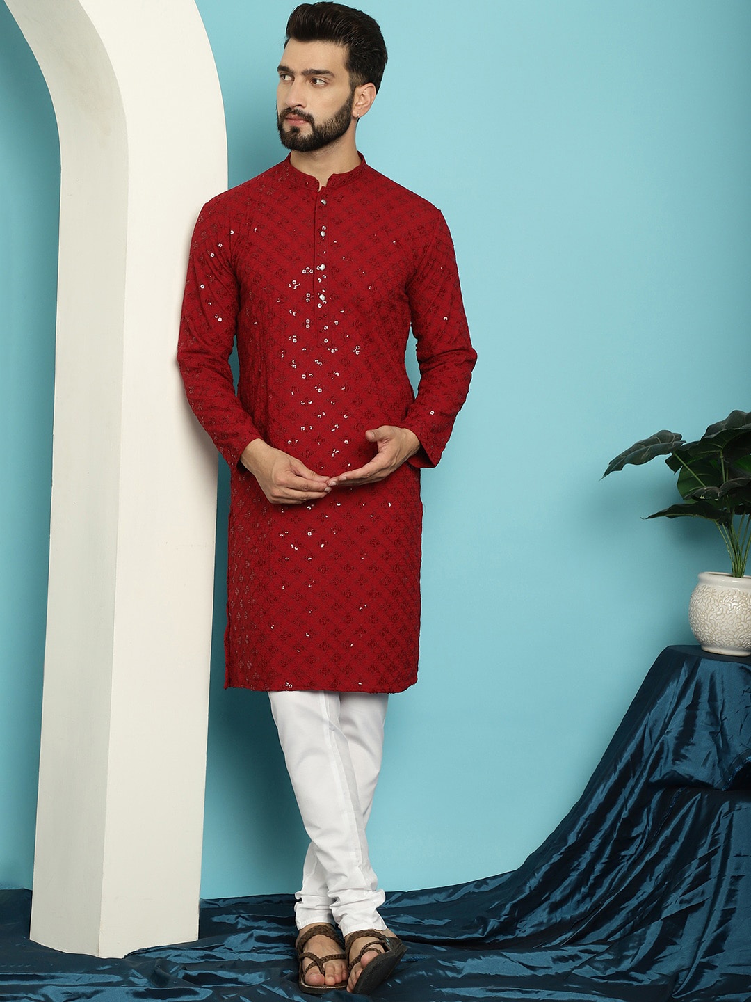 

SOJANYA Ethnic Motifs Embroidered Sequined Pure Cotton Kurta with Churidar, Maroon