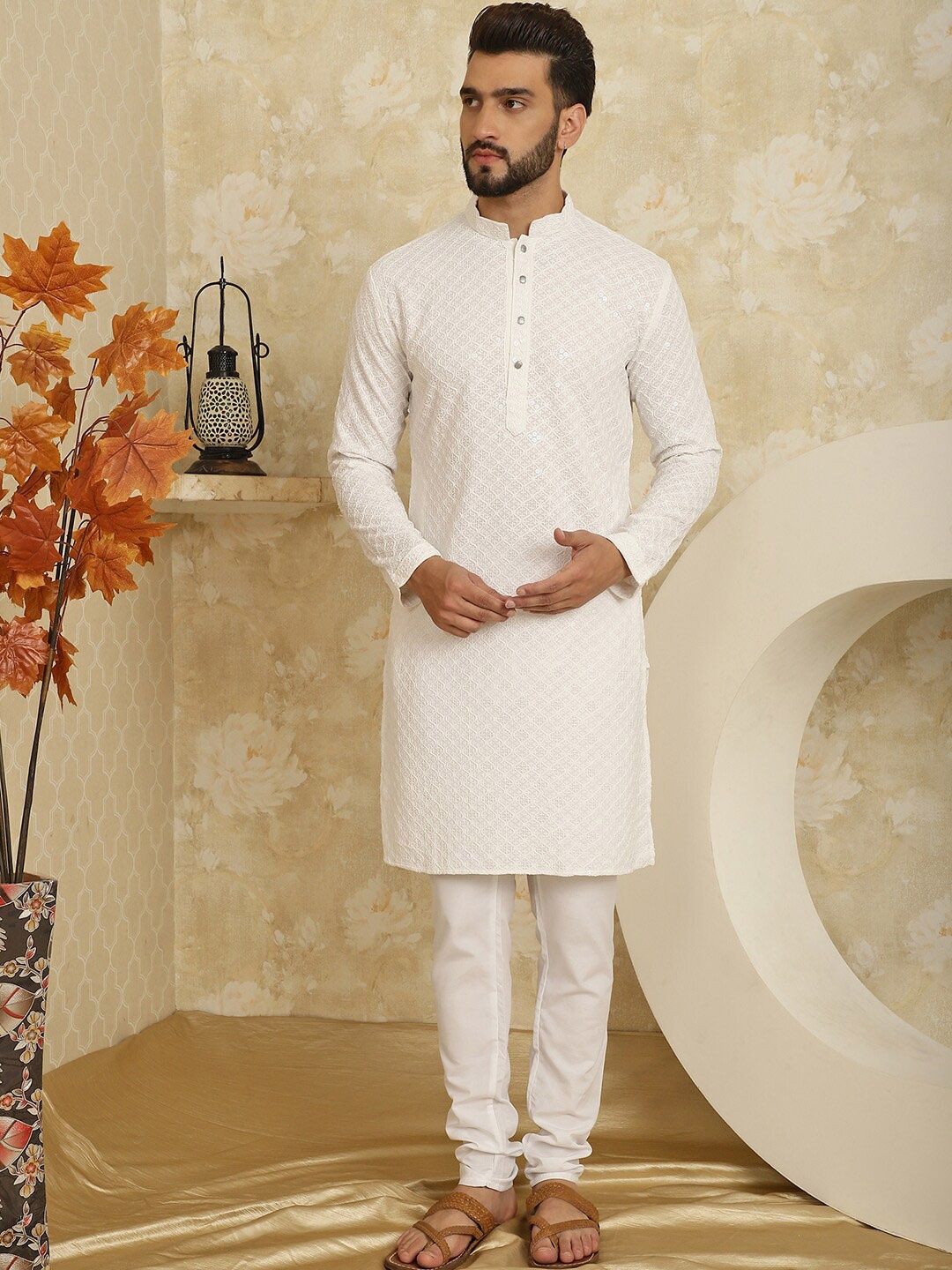 

SOJANYA Embroidered Sequinned Pure Cotton Kurta with Pyjama Set, White