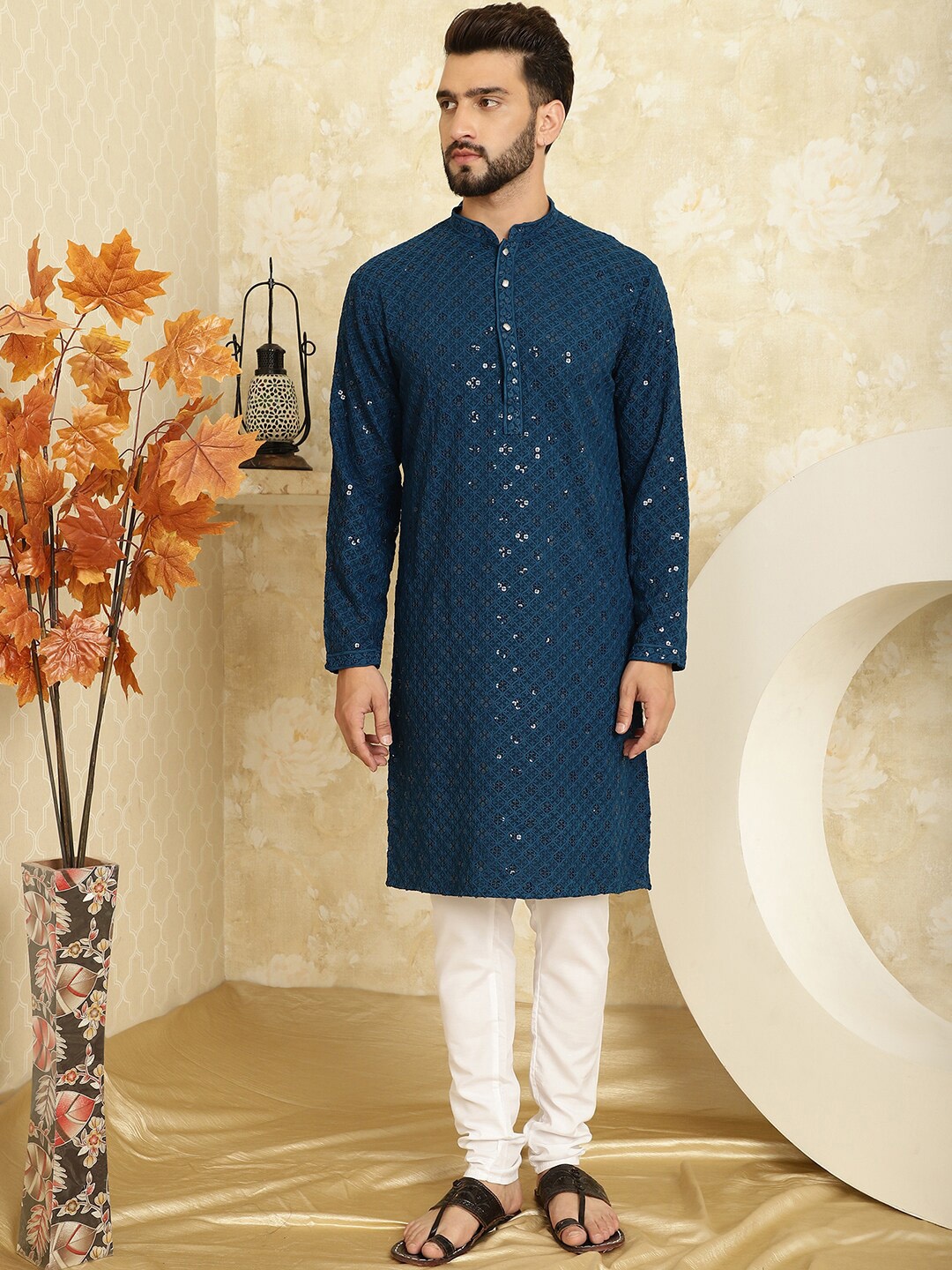 

SOJANYA Embroidered Sequinned Pure Cotton Kurta with Pyjama Set, Teal