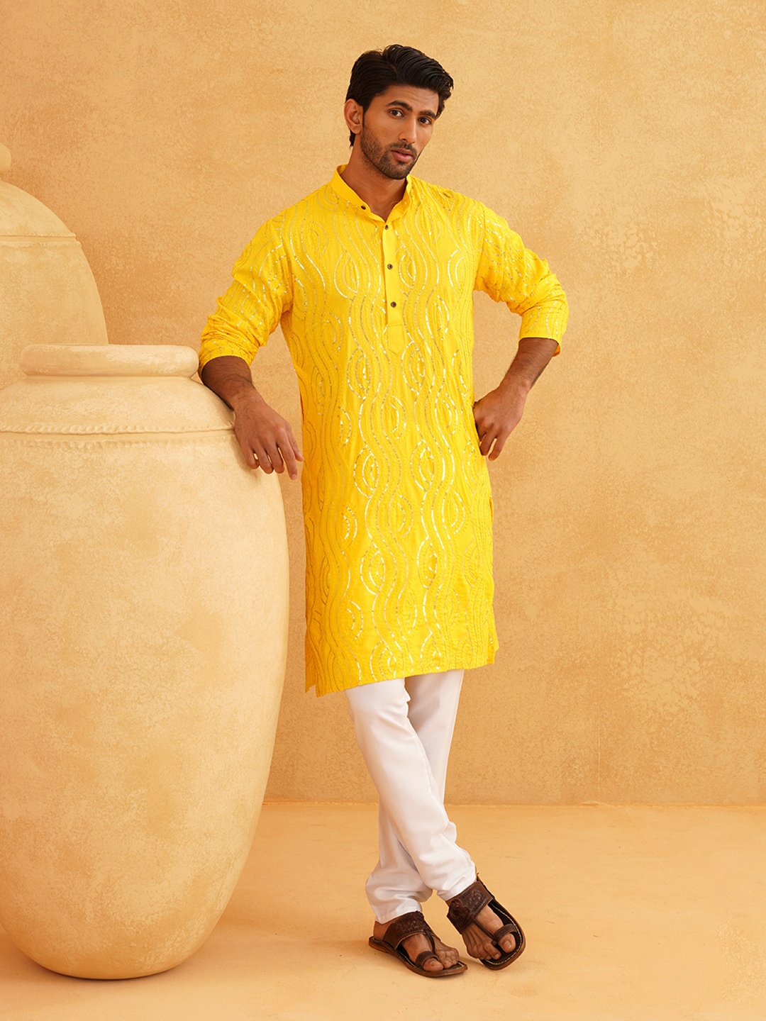 

SOJANYA Ethnic Motifs Embroidered Sequinned Pure Cotton Straight Kurta with Churidar, Mustard