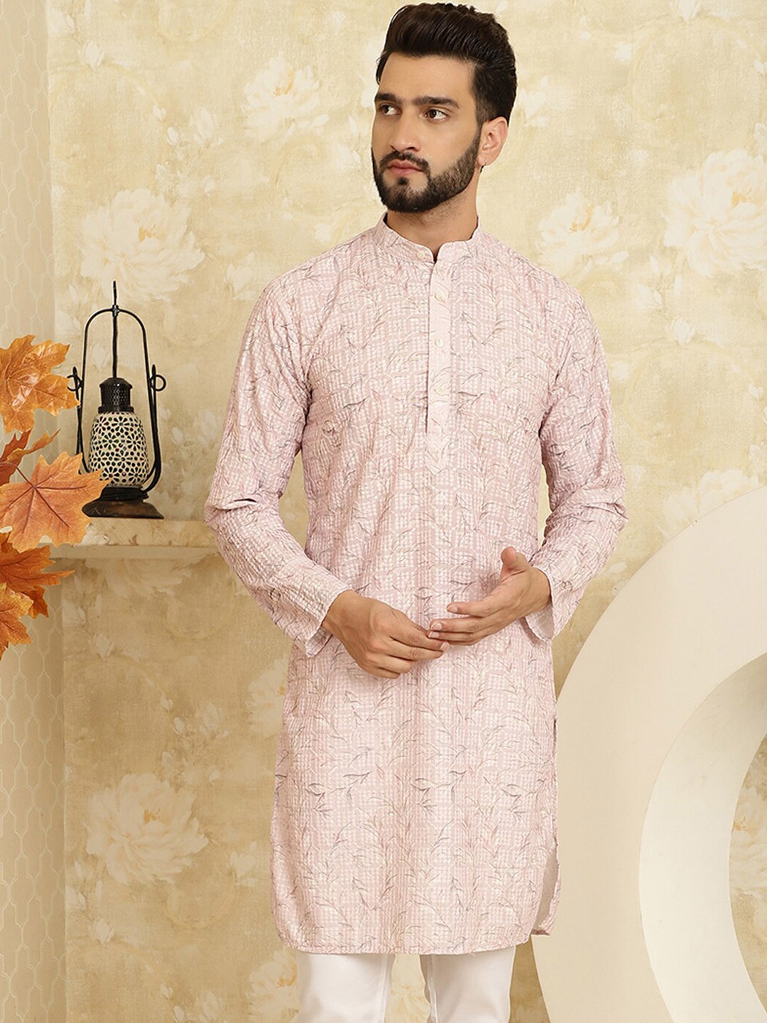 

SOJANYA Floral Printed Thread Work Pure Cotton Regular Kurta, Pink