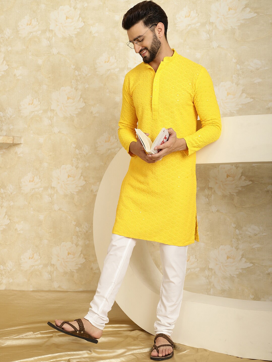 

SOJANYA Ethnic Motifs Embroidered Sequined Pure Cotton Kurta with Churidar, Mustard