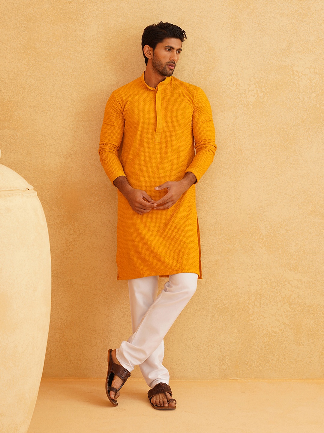 

SOJANYA Ethnic Motifs Embroidered Mandarin Collar Pure Cotton Kurta with Churidar, Mustard