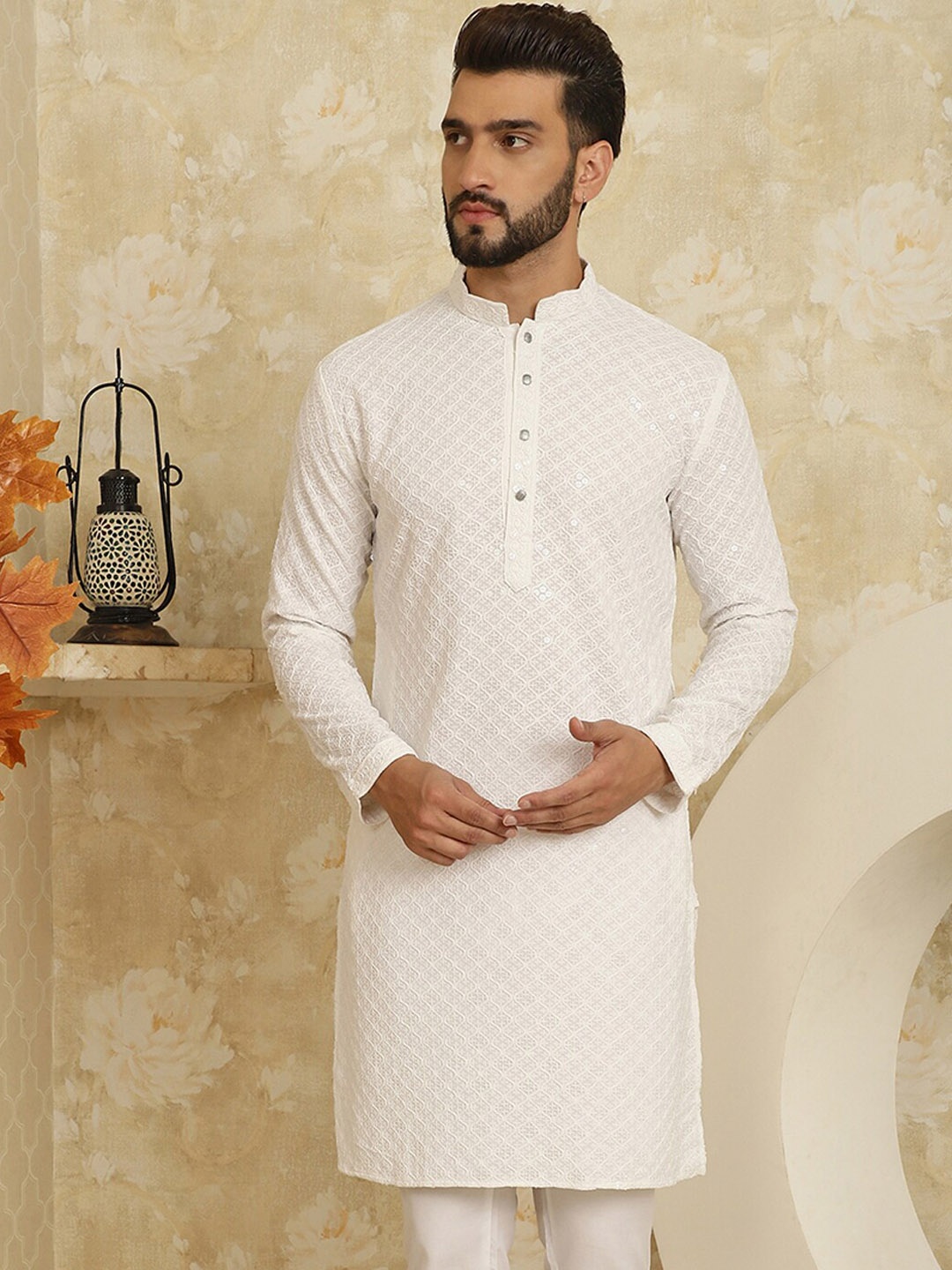 

SOJANYA Ethnic Motifs Embroidered Sequinned Mandarin Collar Pure Cotton Kurta, White