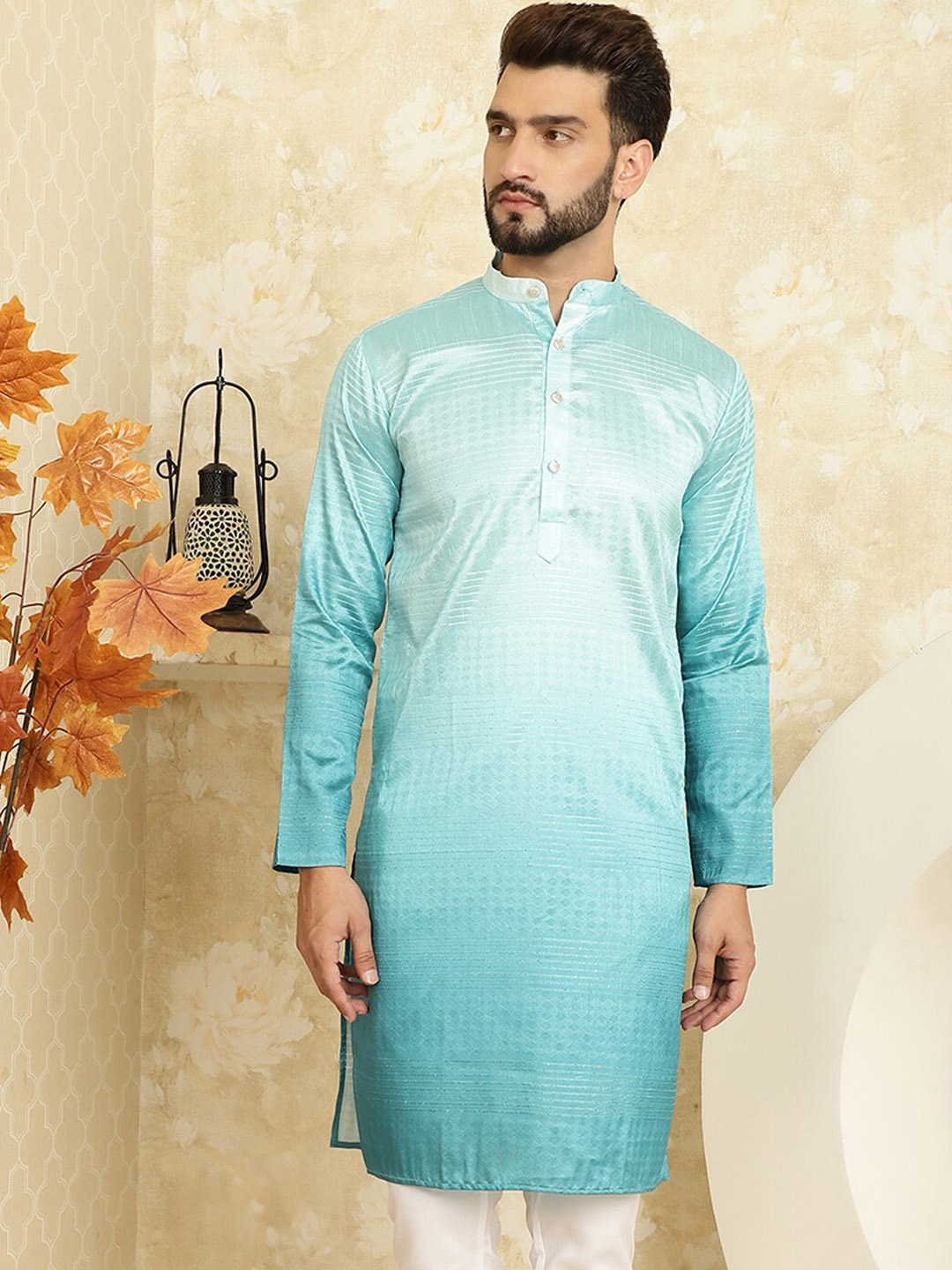 

SOJANYA Mandarin Collar Silk Cotton Jacquard Kurta, Sea green