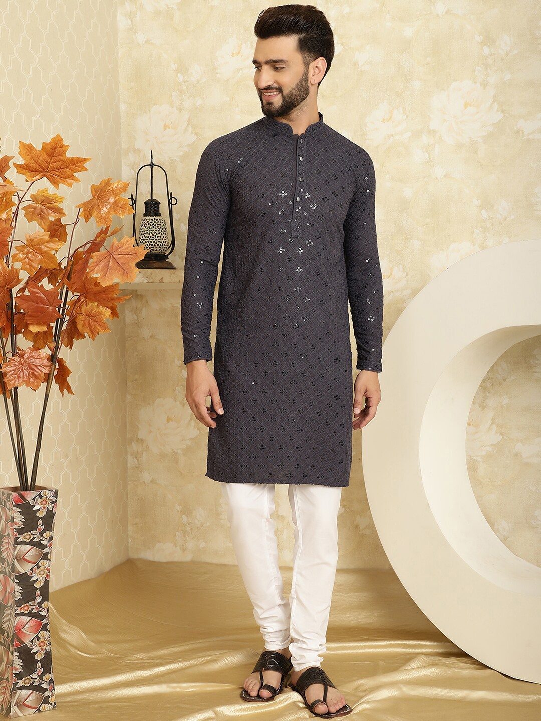 

SOJANYA Embroidered Regular Sequinned Pure Cotton Kurta With Churidar, Grey