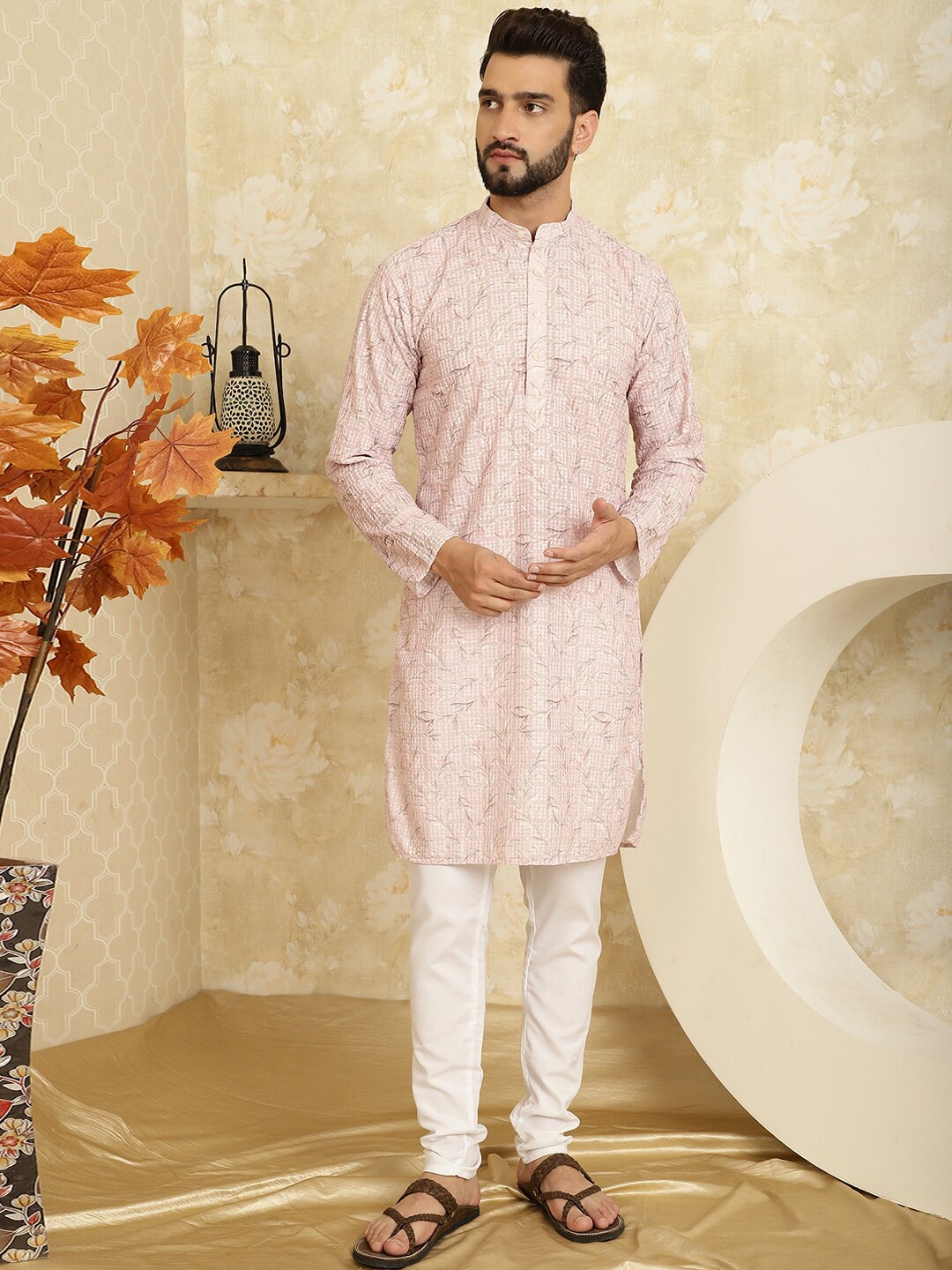

SOJANYA Floral Printed Thread Work Pure Cotton Kurta with Churidar, Pink
