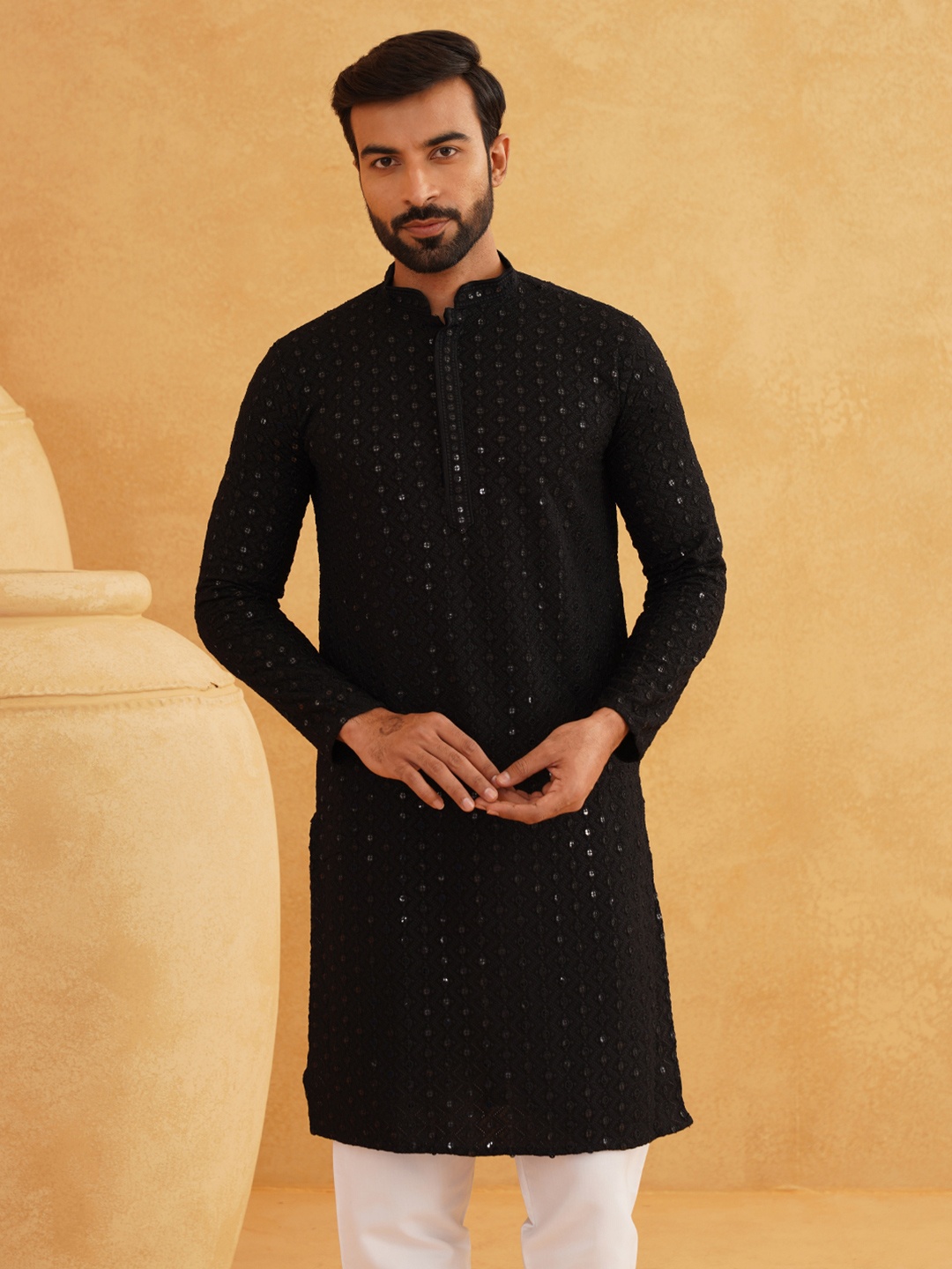 

SOJANYA Embellished Mandarin Collar Straight Pure Cotton Kurta, Black