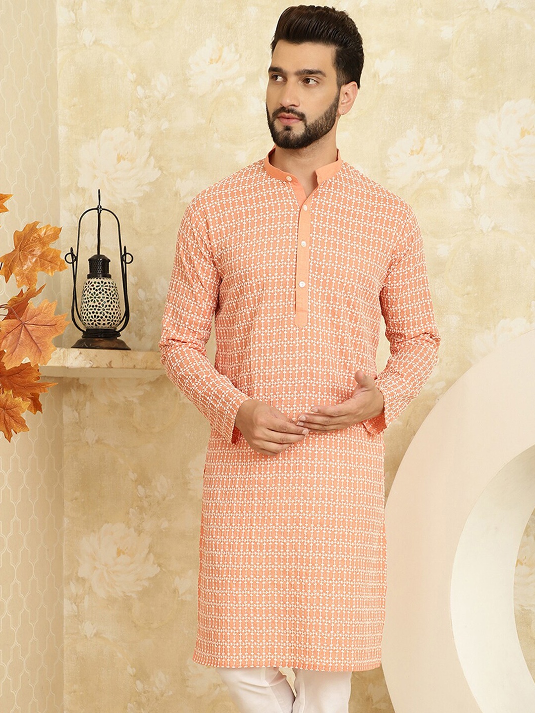 

SOJANYA Ethnic Motifs Embroidered Pure Cotton Regular Kurta, Peach