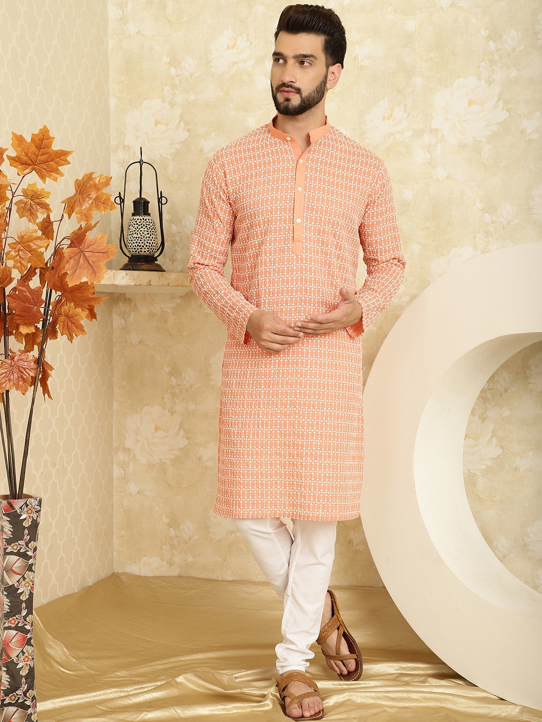 

SOJANYA Ethnic Motifs Embroidered Mandarin Collar Pure Cotton Kurta with Churidar, Peach