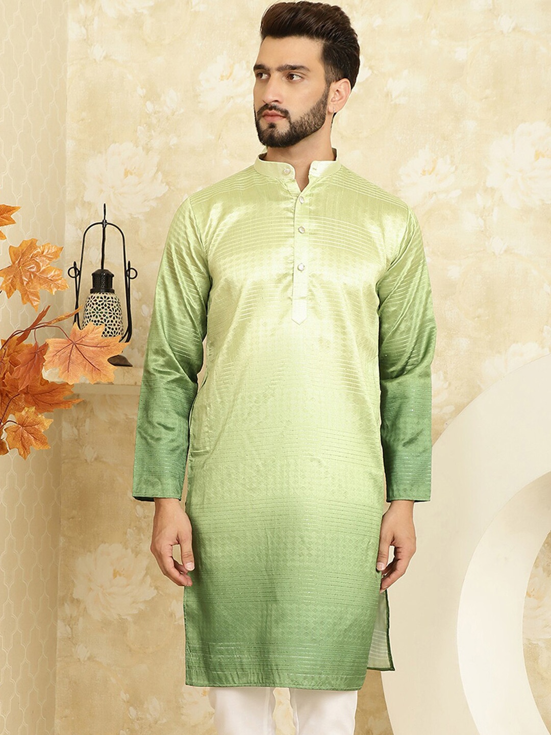 

SOJANYA Ombre Printed Sequinned Silk Cotton Kurta, Green
