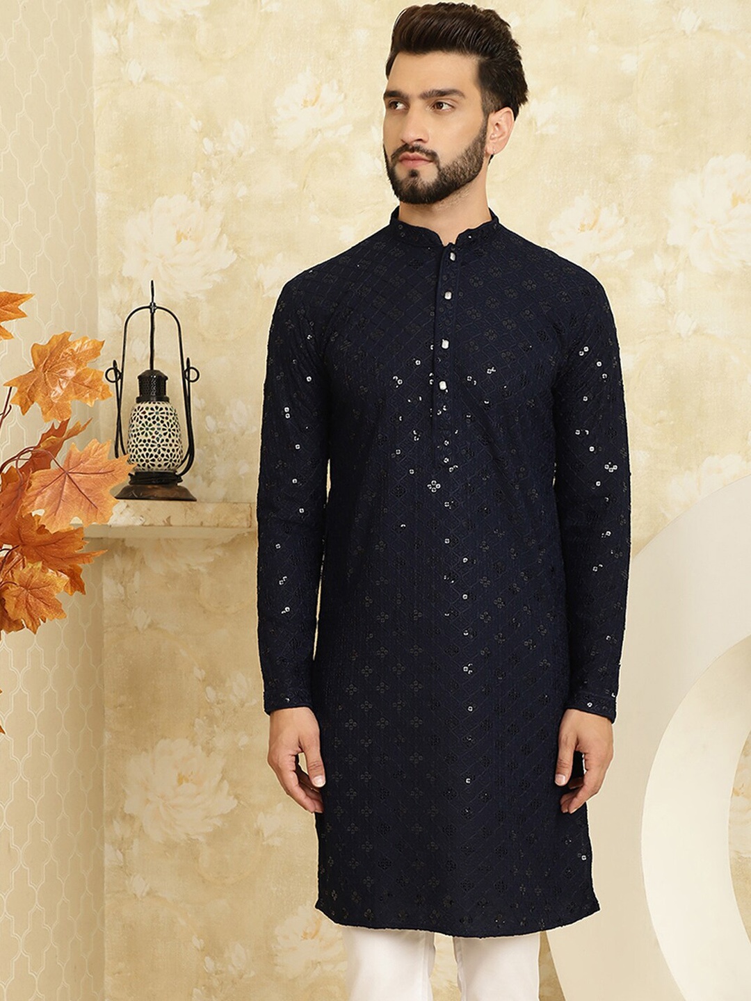 

SOJANYA Embroidered Sequinned Mandarin Collar Pure Cotton Kurta, Navy blue