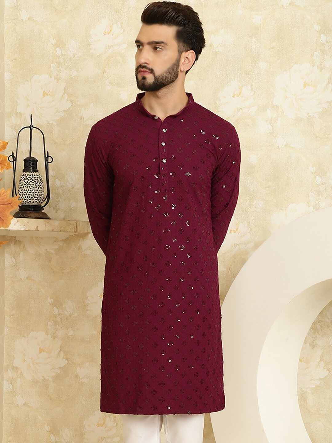 SOJANYA Embellished Mandarin Collar Straight Pure Cotton Kurta, Burgundy