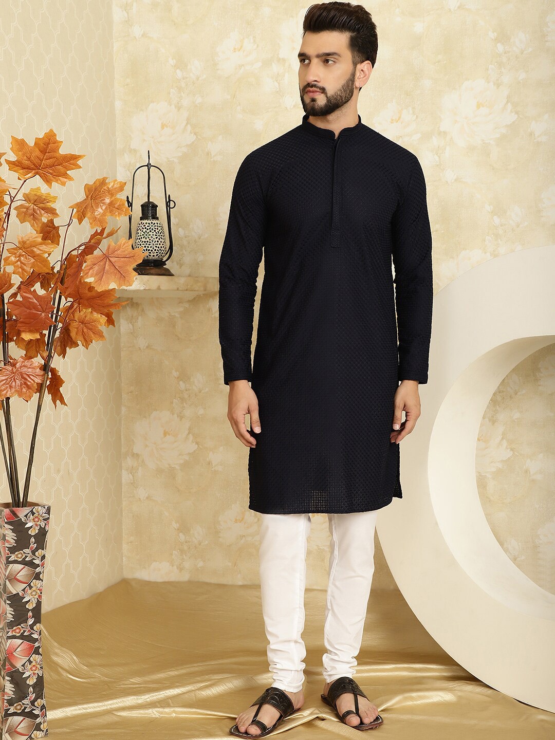 

SOJANYA Embroidered Pure Cotton Kurta with Pyjama Set, Navy blue