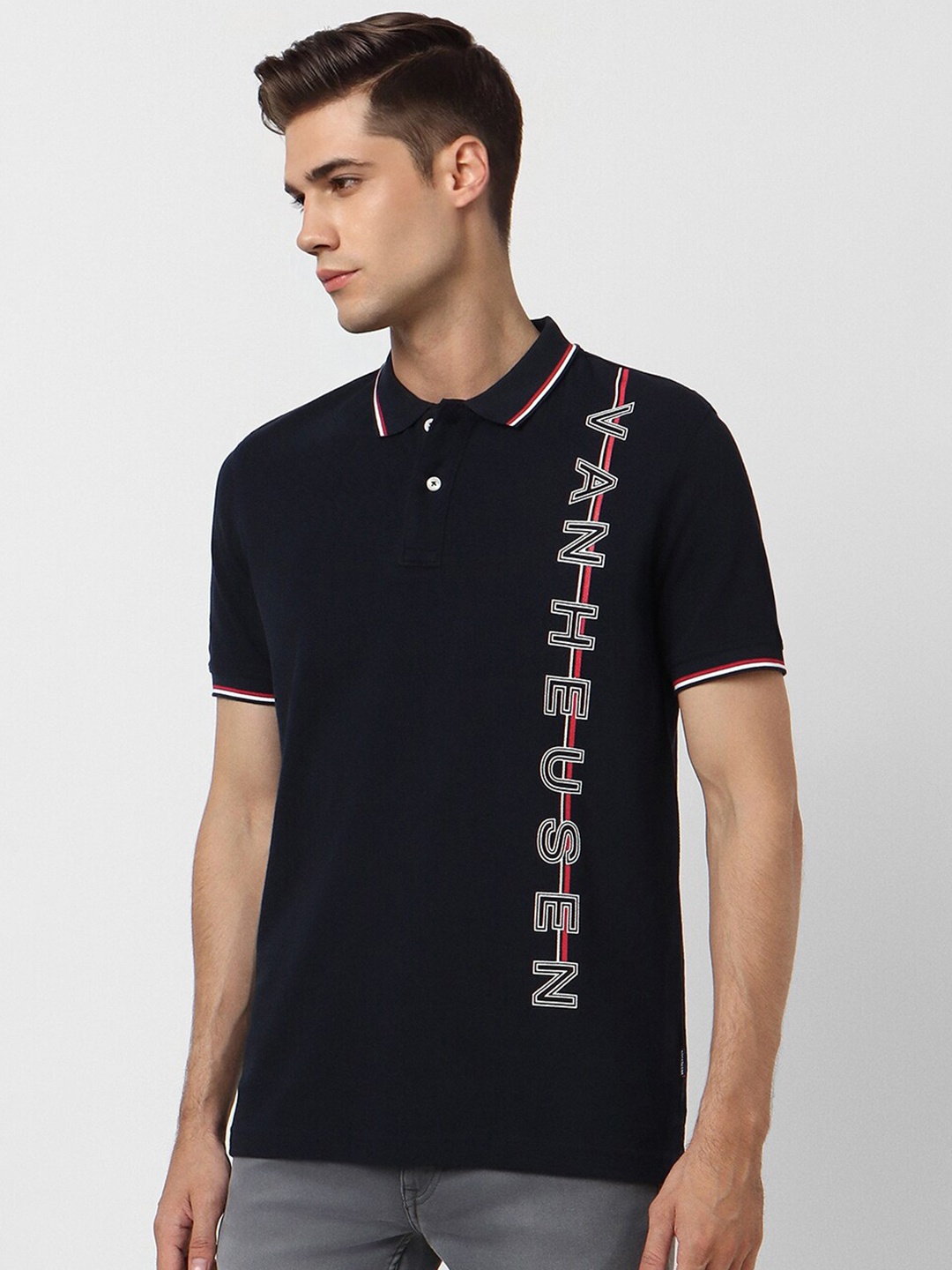 

Van Heusen Sport Typography Printed Polo Collar Pure Cototn T-shirt, Navy blue