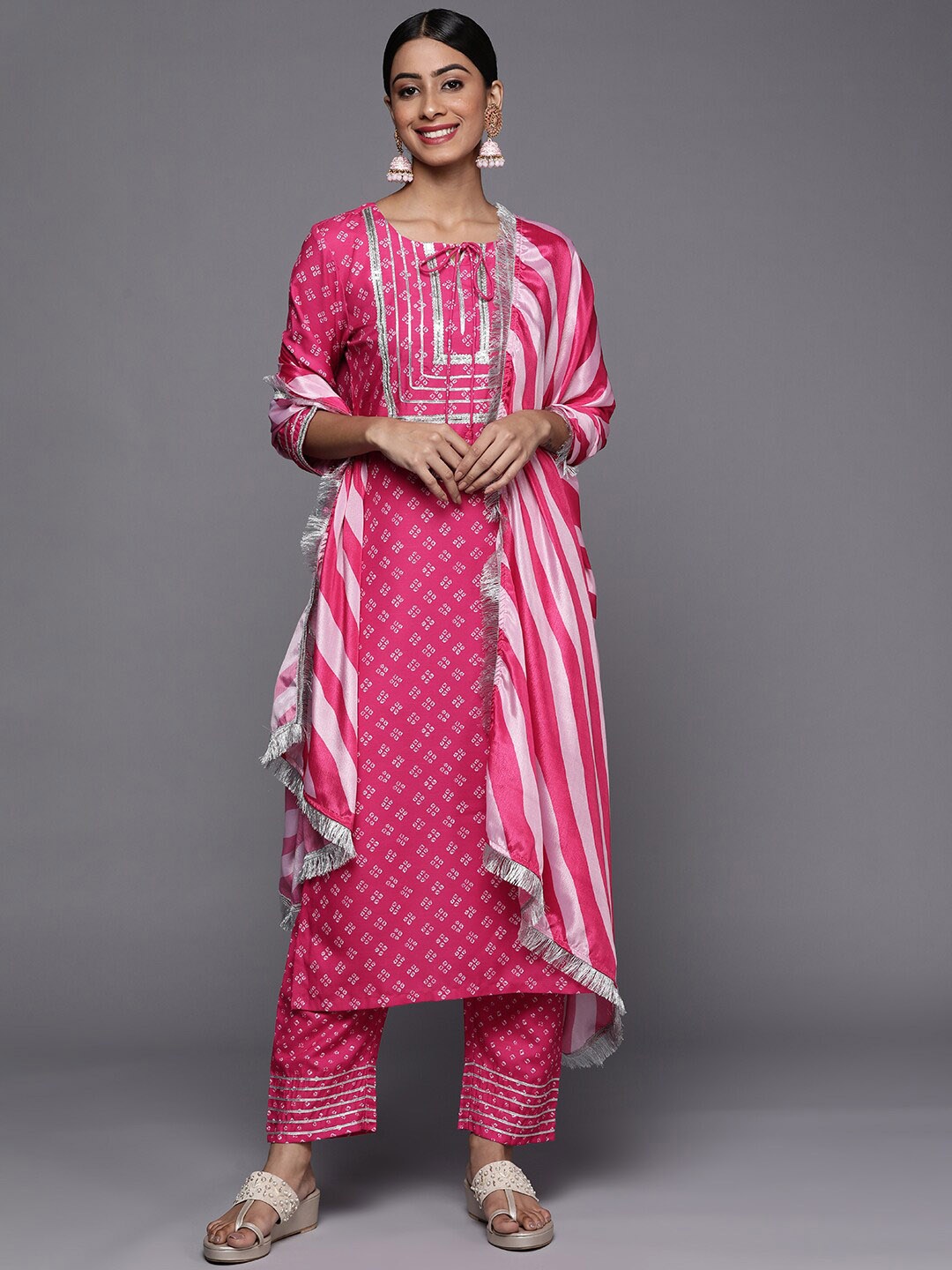 

KALINI Bandhani Printed Straight Gotta Patti Kurta with Trousers & Dupatta, Pink