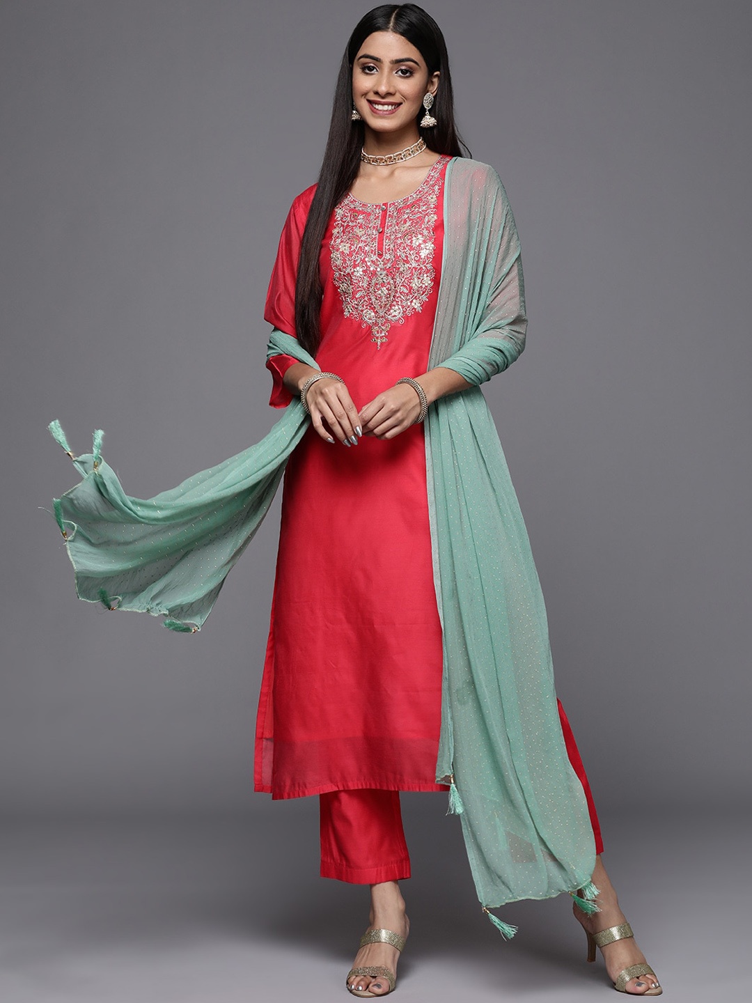 

KALINI Ethnic Motifs Yoke Design Sequinned Kurta & Trousers With Dupatta, Pink