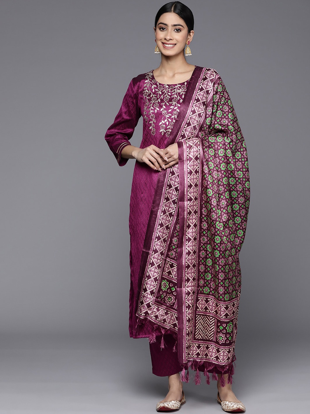 

KALINI Floral Embroidered Regular Thread Work Kurta With Trousers & Dupatta, Purple