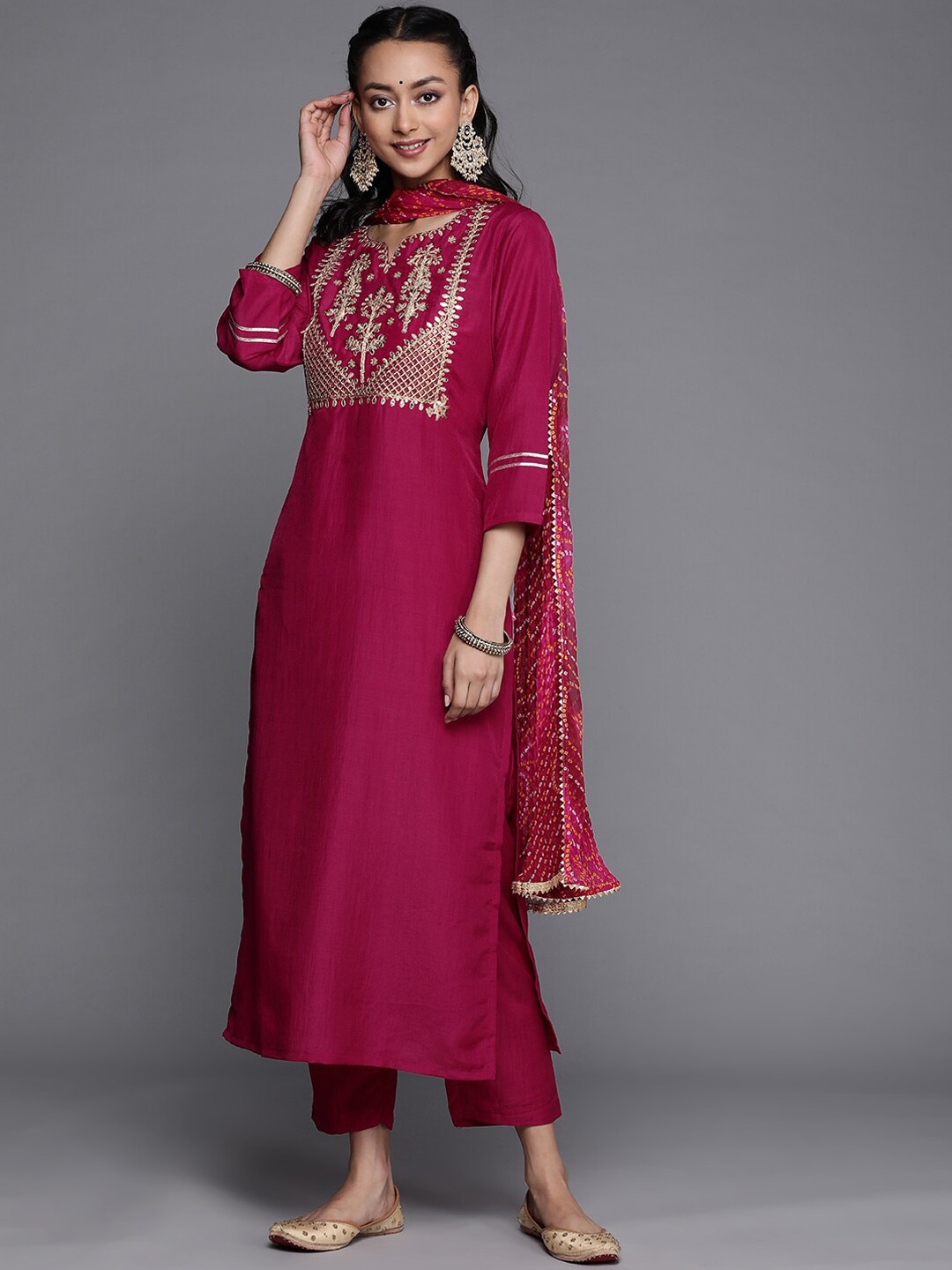 

KALINI Ethnic Motifs Yoke Design Regular Sequinned Kurta With Trousers & Dupatta, Magenta