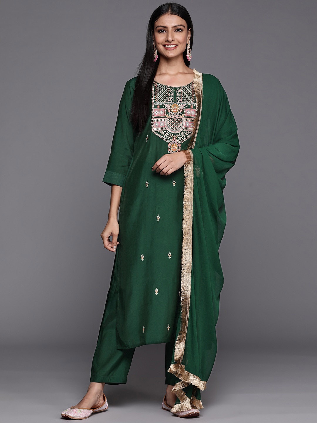 

KALINI Ethnic Motifs Embroidered Regular Thread Work Kurta With Trousers & Dupatta, Green