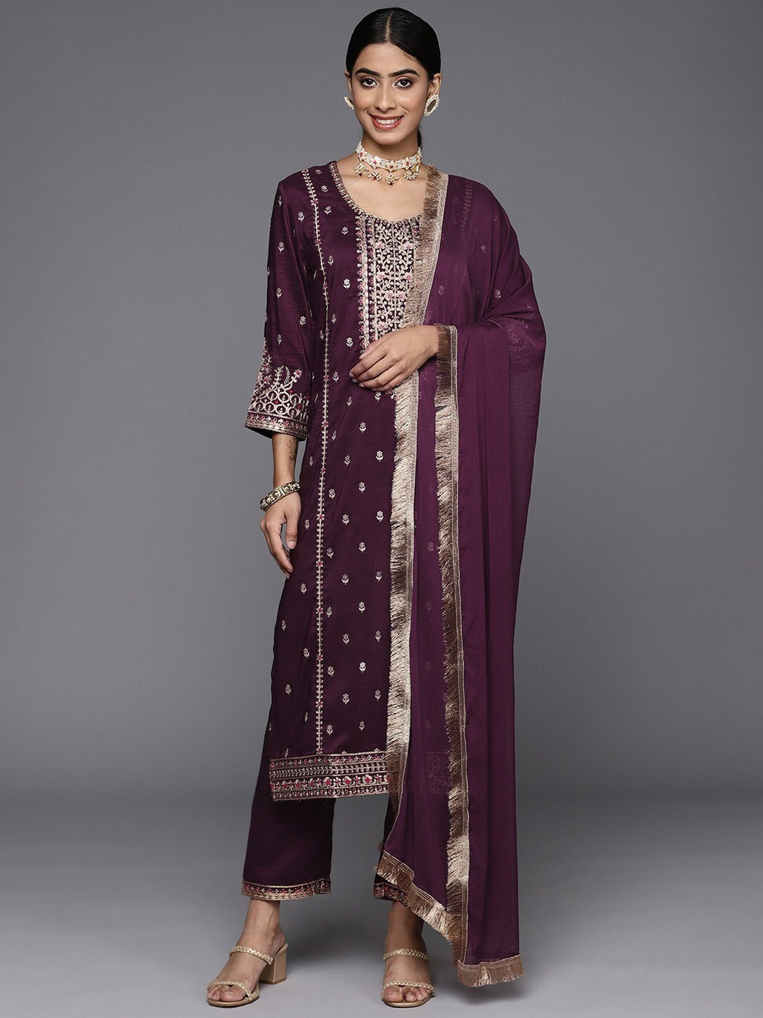 

KALINI Ethnic Motifs Embroidered Regular Thread Work Kurta With Trousers & Dupatta, Burgundy