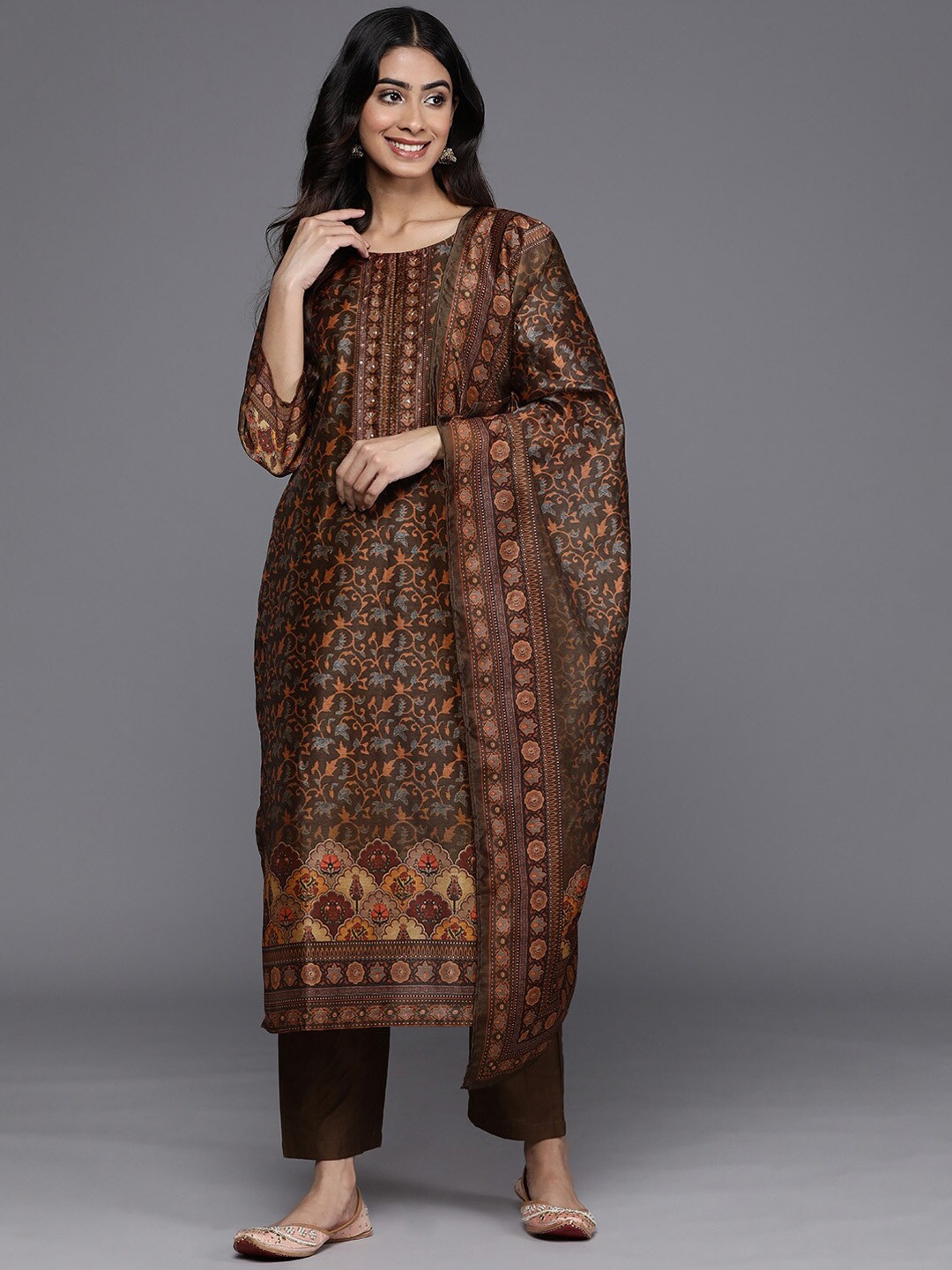 

KALINI Floral Printed Round Neck Regular Kurta With Trousers & Dupatta, Brown