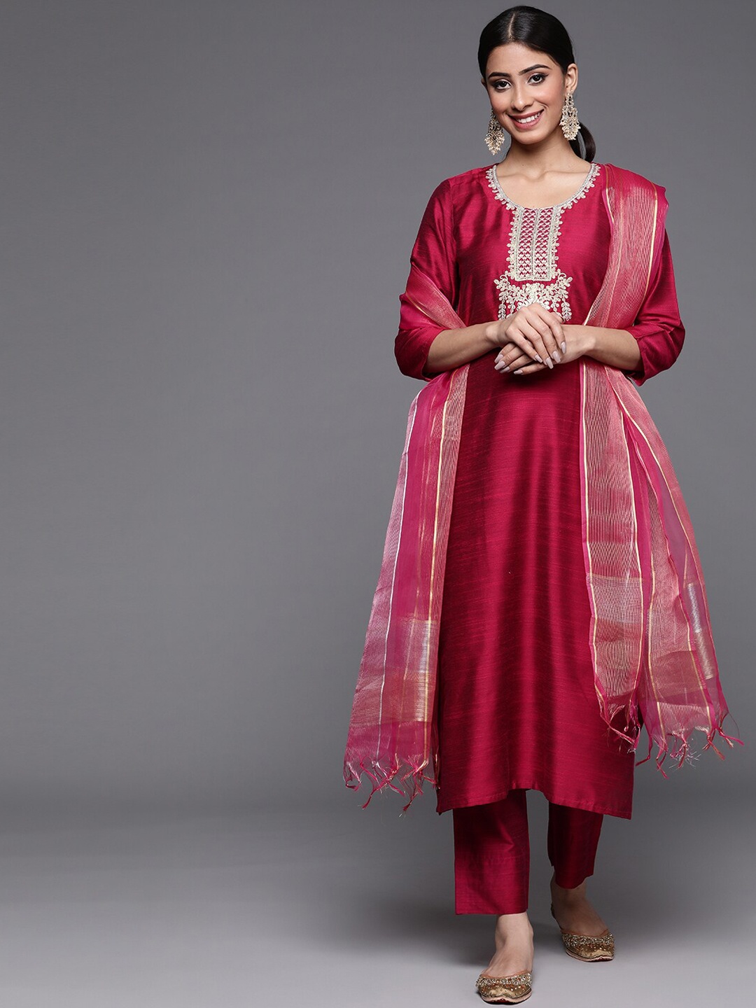 

KALINI Ethnic Motifs Yoke Design Thread Work Kurta With Trousers & Dupatta, Magenta