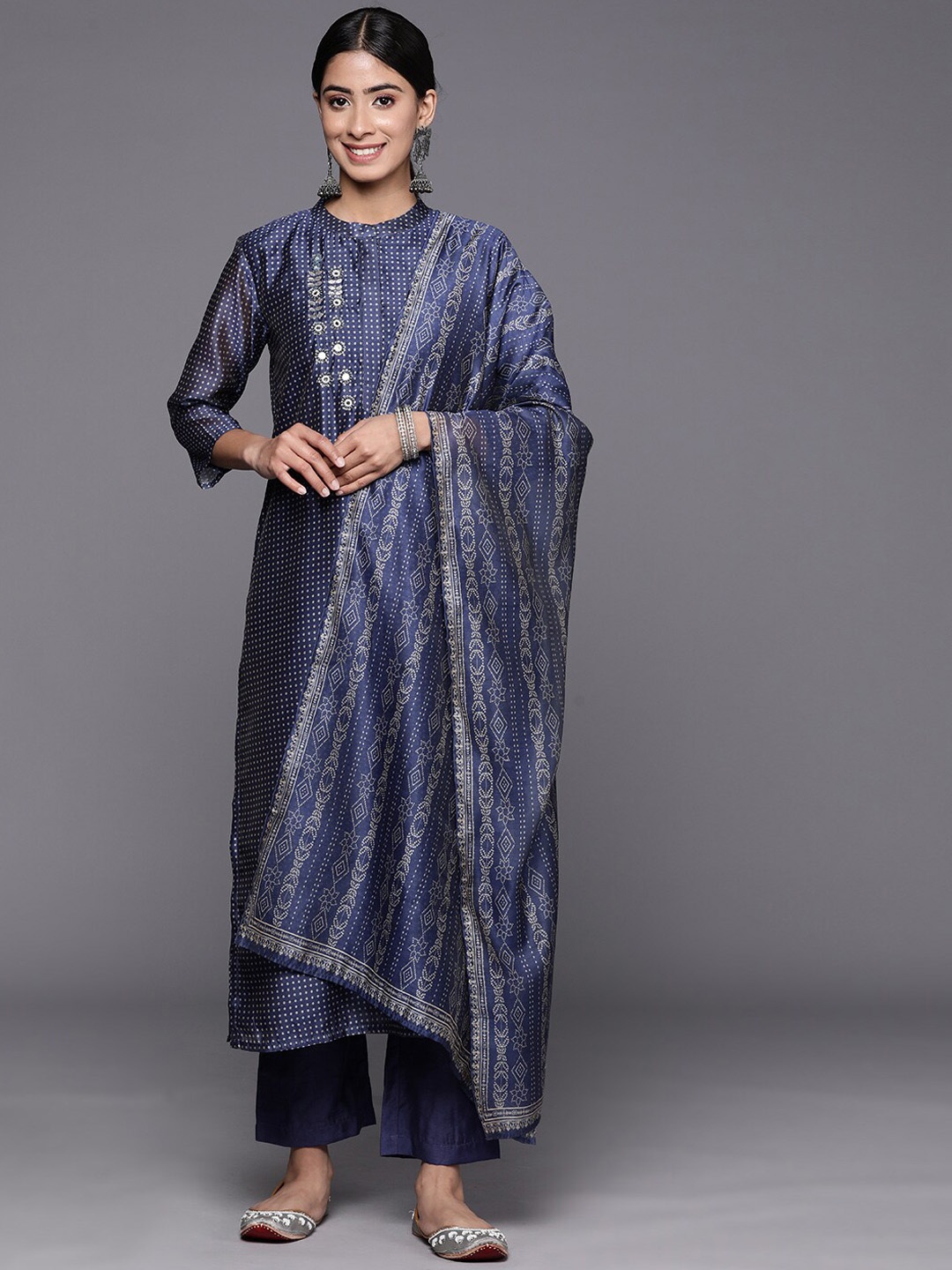 

KALINI Bandhani Printed Mirror Work Kurta With Trousers & Dupatta, Navy blue