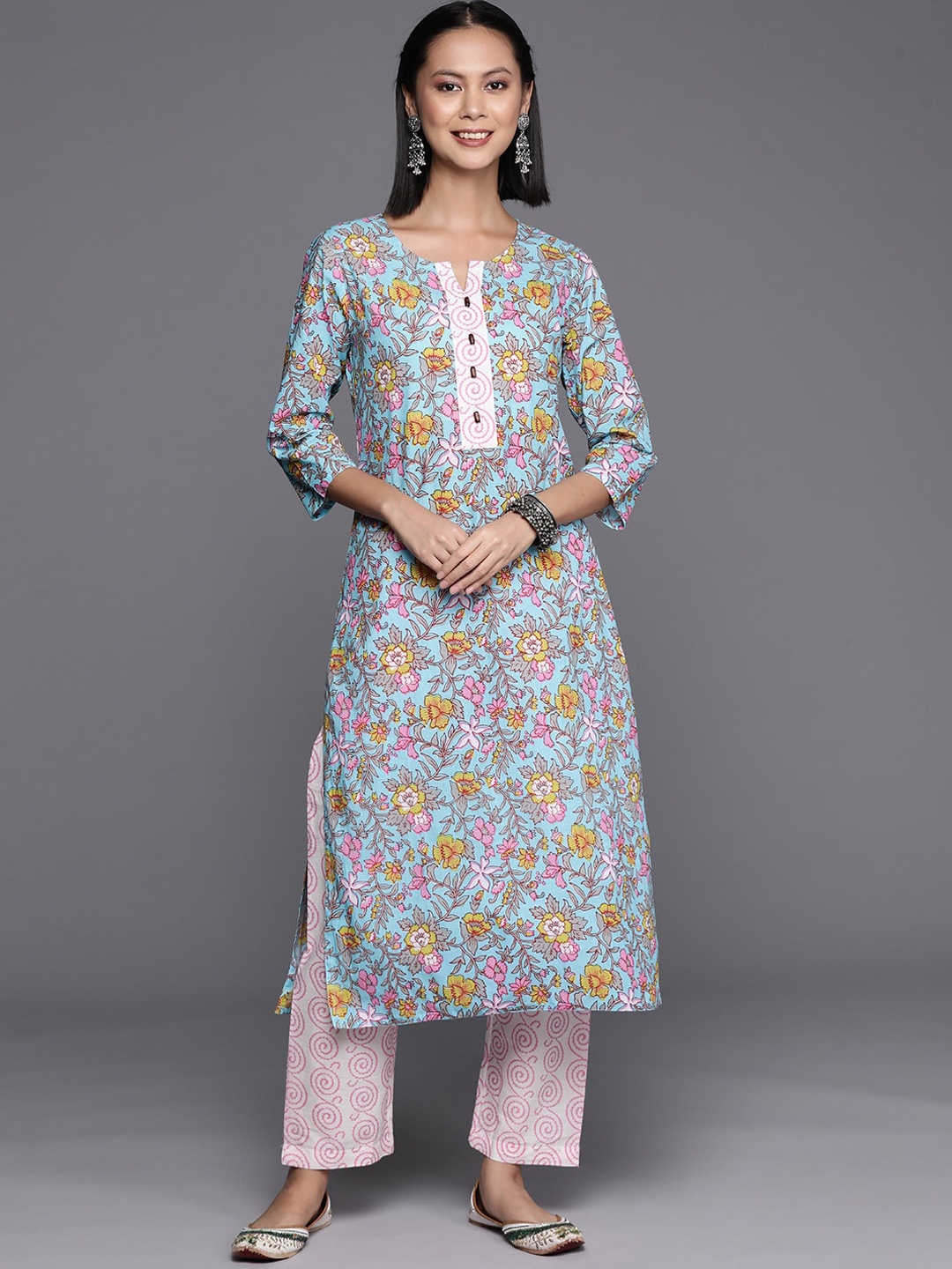 

KALINI Floral Printed Pure Cotton Kurta With Trousers, Blue