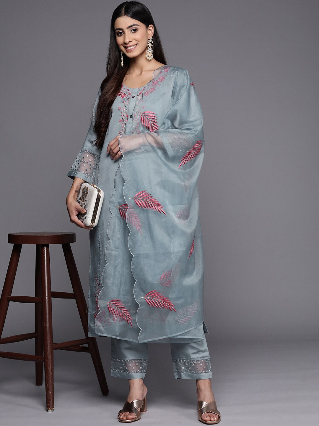 

KALINI Ethnic Motifs Embroidered Mirror Work Kurta With Trousers & Dupatta, Grey
