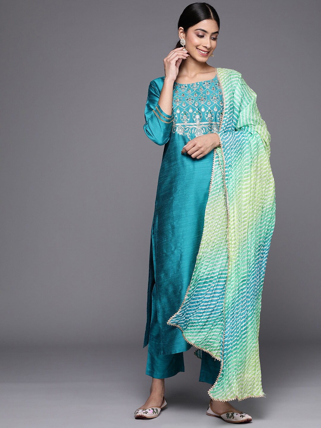 

KALINI Ethnic Motifs Yoke Design Sequinned Kurta & Trousers With Dupatta, Turquoise blue