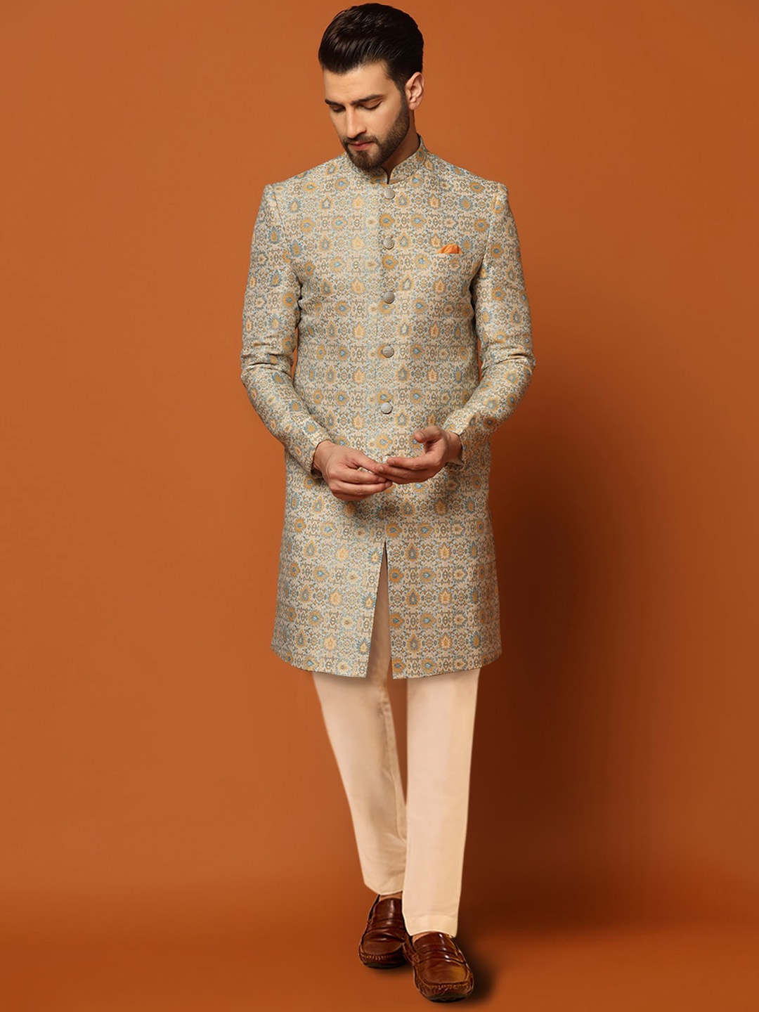 

KISAH Printed Mandarin Collar Cotton Sherwani Set, Blue