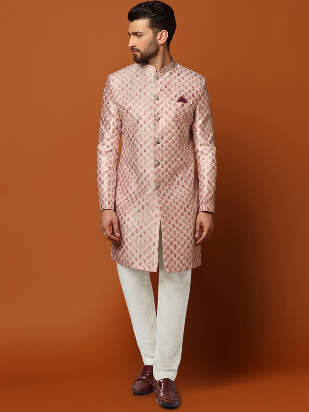 

KISAH Self Design Mandarin Collar Cotton Sherwani Set, Cream